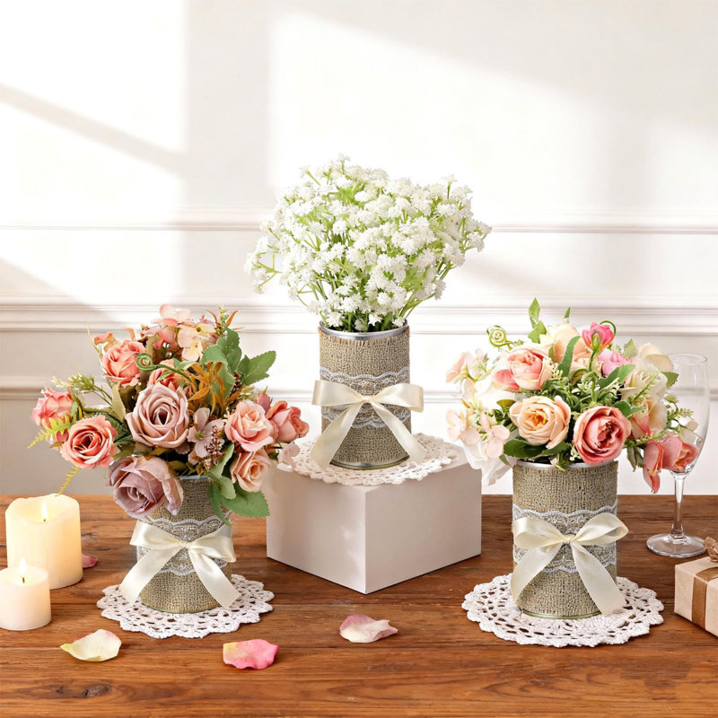 Metal Table Vases With Burlap Bow 6 Pcs