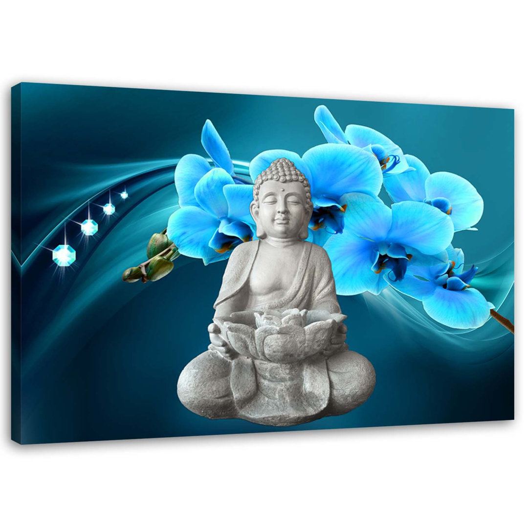 Leinwandbild Buddha mit grüner Orchidee