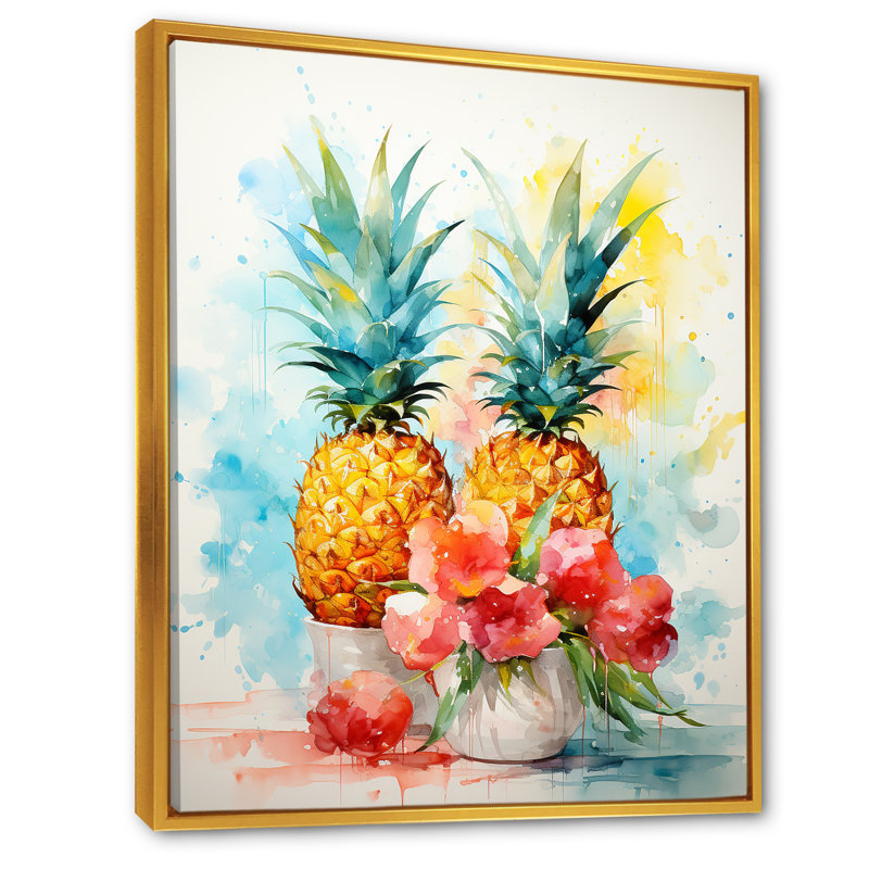 Aquarel ananas, peinture - Art mural ananas, H 44 po x l 34 po x P 1,5 po, Cadre flottant doré