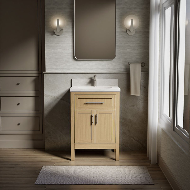 Hadron Single Bathroom Vanity Set, White, Light Oak, 24"