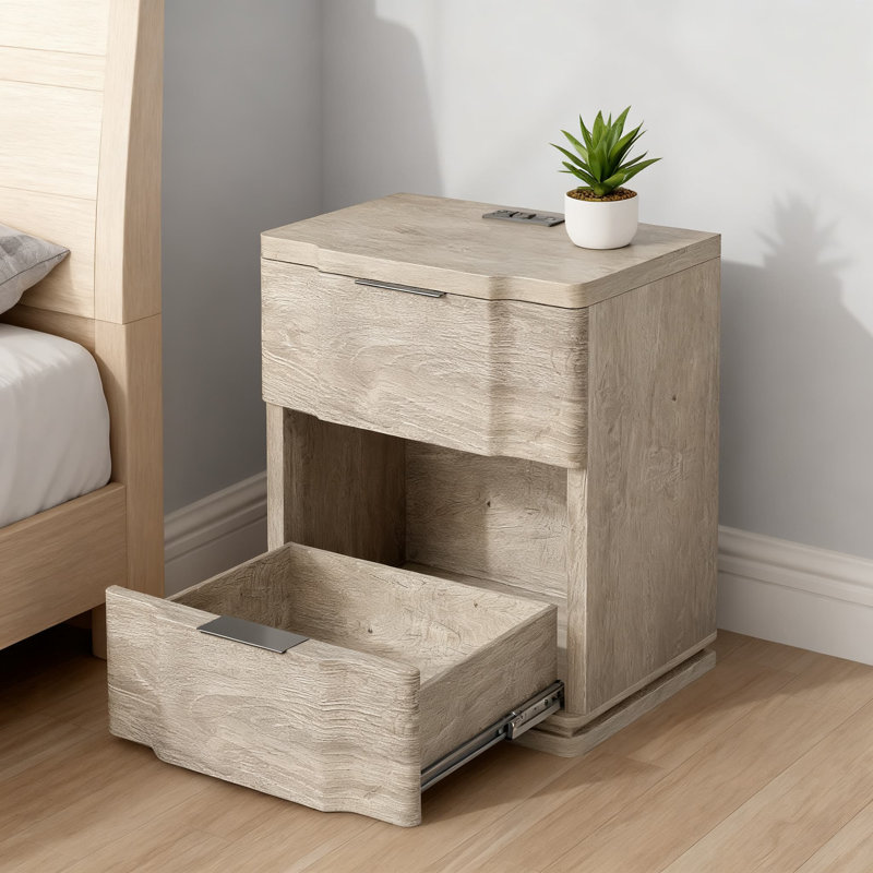 Table de chevet moderne avec station de charge, table de chevet de style Mid-Century avec tiroir et tablette de rangement, table de bout de style campagnard pour le bureau de la chambre à coucher