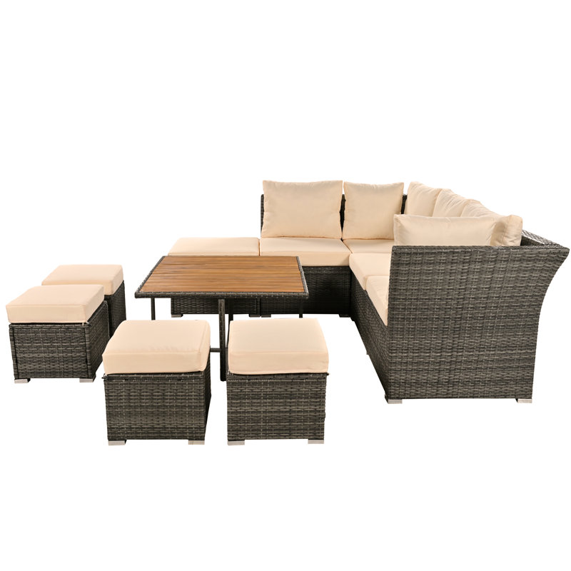 Ensemble de mobilier de patio, ensemble de conversation extérieur 10 pièces, table basse avec repose-pieds, table basse en bois massif