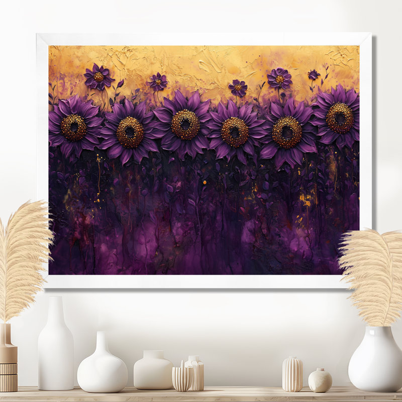 Lilas foncé tournesols champ - tournesols, art mural, H 34 po x l 44 po, Reproduction encadrée d'une seule photo, Blanc
