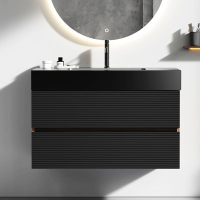 Grace Bathroom Sink Vanity With Walnut Countertop And Matt Black Basin, Wall Mounted Modern Walnut Color Blend, Spacious Drawer Interior