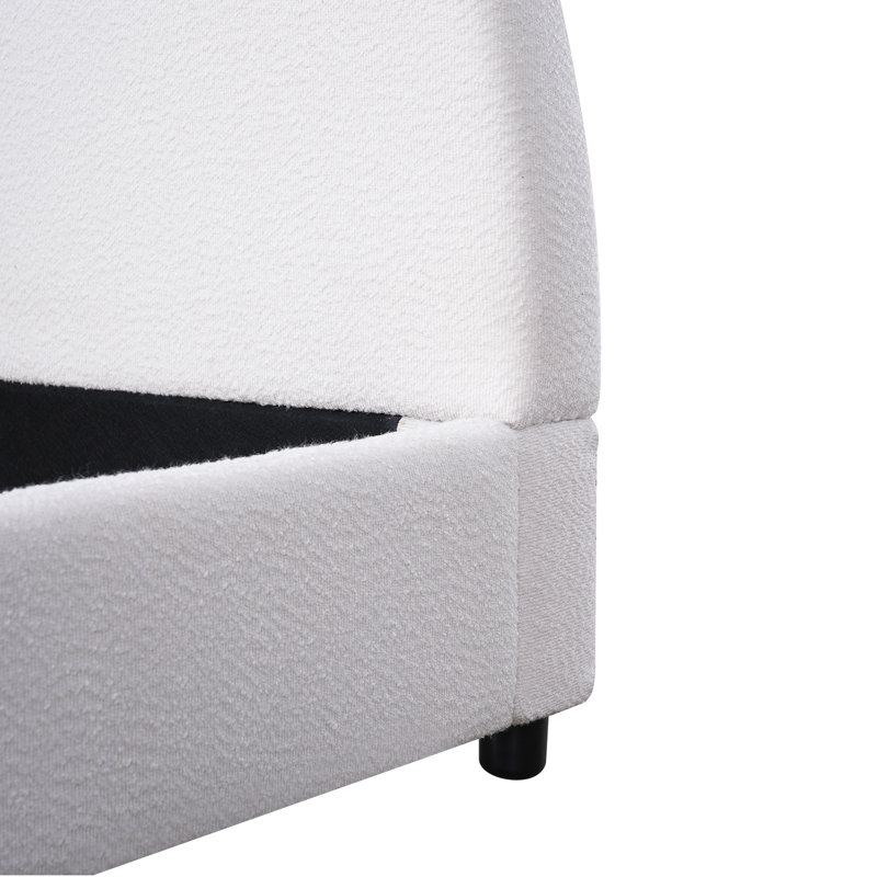 Lit simple tapissier blanc Boucle, tête de lit ronde incurvée pour l'élégance de la chambre à coucher, cadre de lit sans sommier requis avec tête, confort et style épais de 3,8 pouces, assemblage rapide