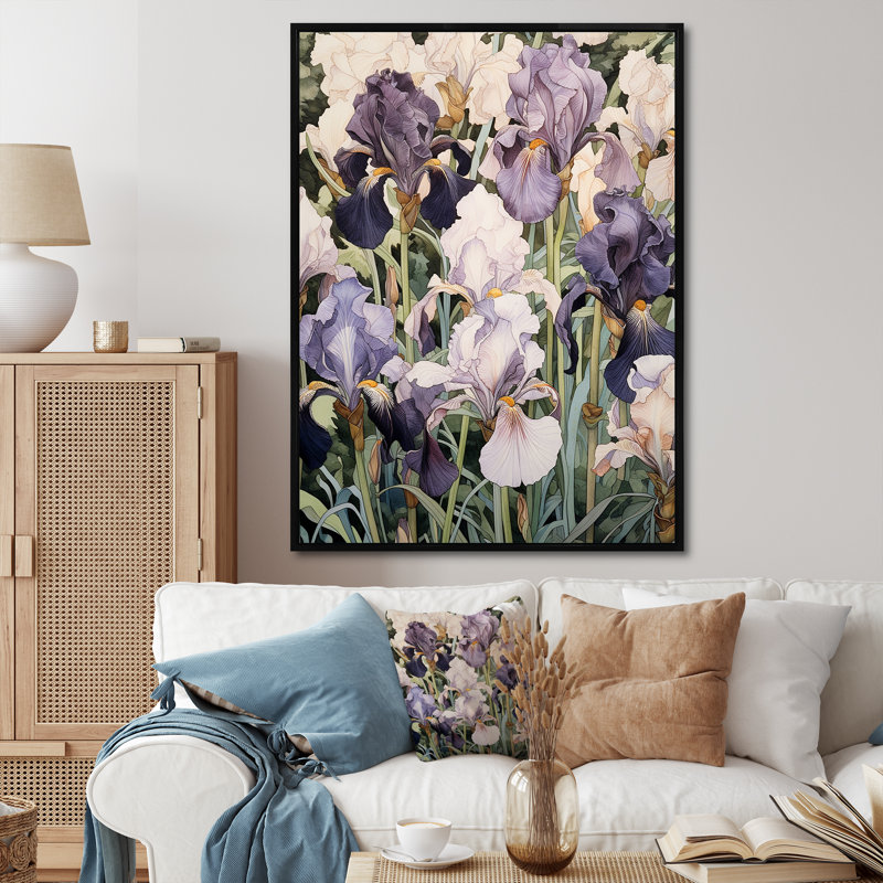 Iris mauve en fleurs dans les prés sauvages I sur toile, Cadre flottant noir, H 32 po x l 16 po x P 1 po