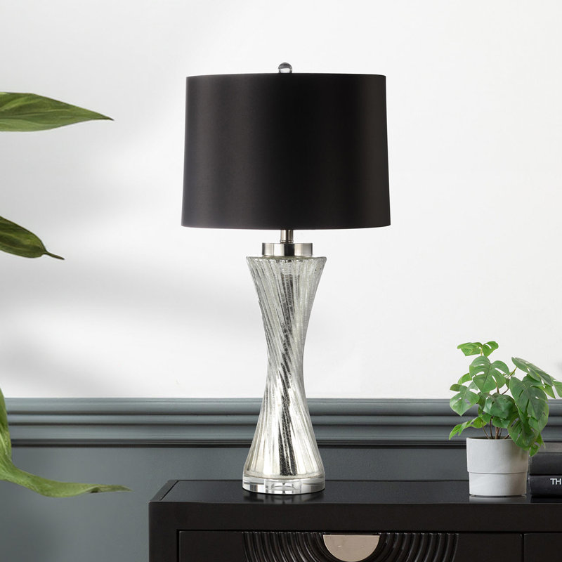 81cm Living Room Table Lamp with Glass Base, Bedside Buffet Lamp with Satin Shade