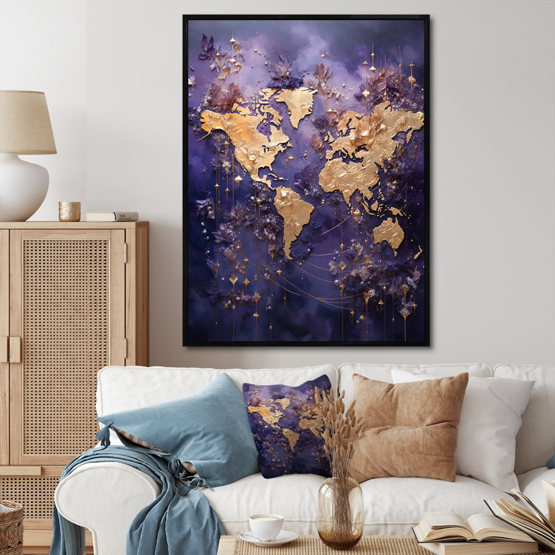 «Ethereal Lavender World Map I», reproduction sur toile, H 20 po x l 12 po x P 1 po, Cadre flottant noir