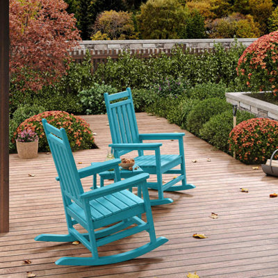 3-Piece HDPE Outdoor Rocking Chair Set with Side Table, All-Weather High Back Porch Rocker for Patio & Front Porch, Lake Blue