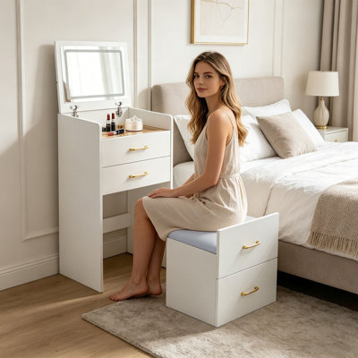 Meuble-lavabo 3 en 1 blanc avec lumières, petite coiffeuse moderne à 3 tiroirs, tabouret caché et miroir rabattable