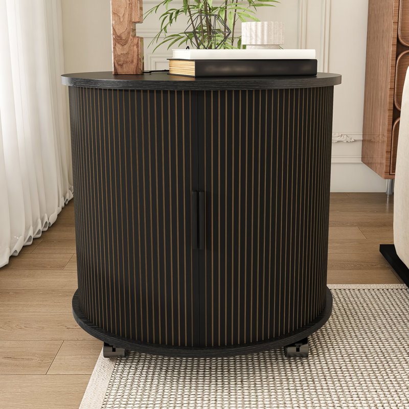 Table de bout cylindrique Mid-Century moderne avec station de charge intégrée et porte coulissante, Black