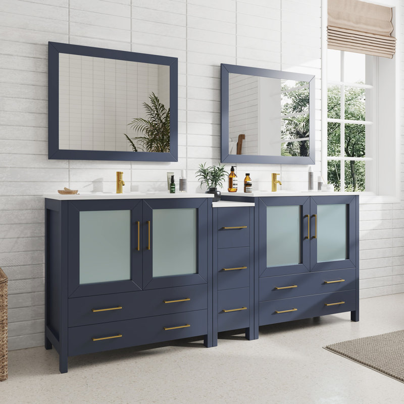 Brescia 84" Double Sink Freestanding Bathroom Vanity with Ceramic Top and Matching Mirrors, Blue