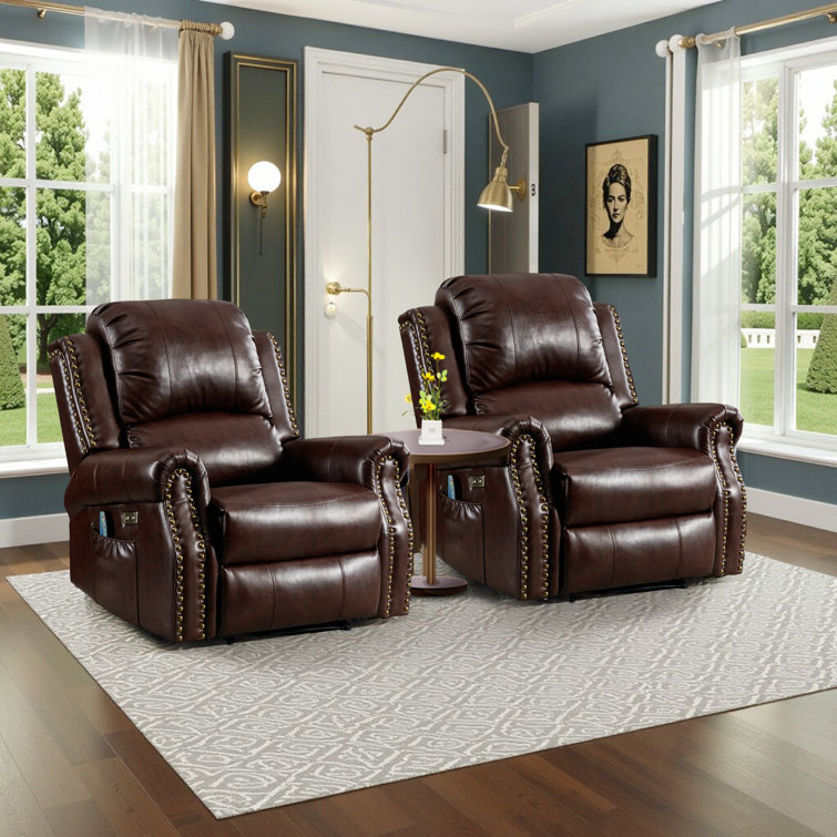 Aidin 38.19" Wide Top Leather Power Standard Recliner Chair Brass Nail Decoration Massage Heating(set of 2)