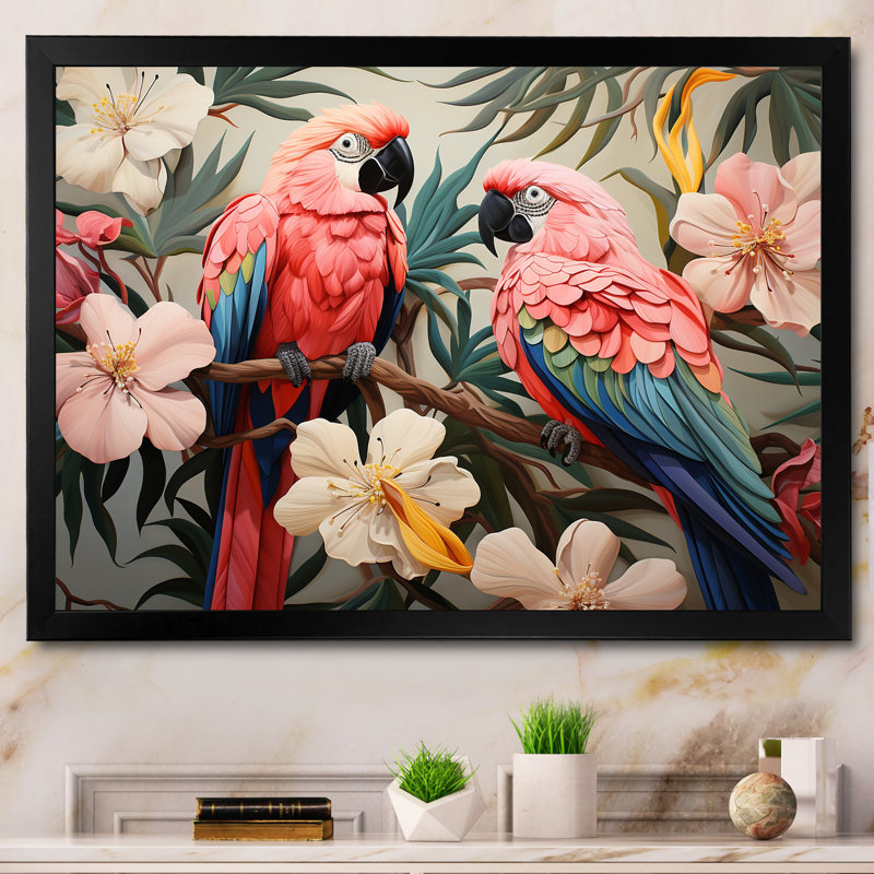 Fleurs tropicales roses et bleues - art mural perroquet III, Cadre d'angle fermé noir, H 12 po x l 20 po x P 1 po