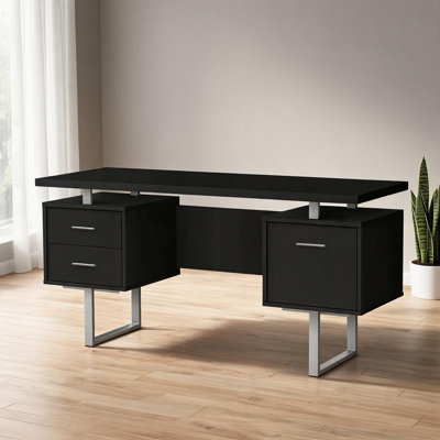 Bureau d'ordinateur 60 pouces avec tiroirs de rangement, stratifié noir classique et métal gris, configuration réversible à gauche ou à droite pour le bureau à domicile