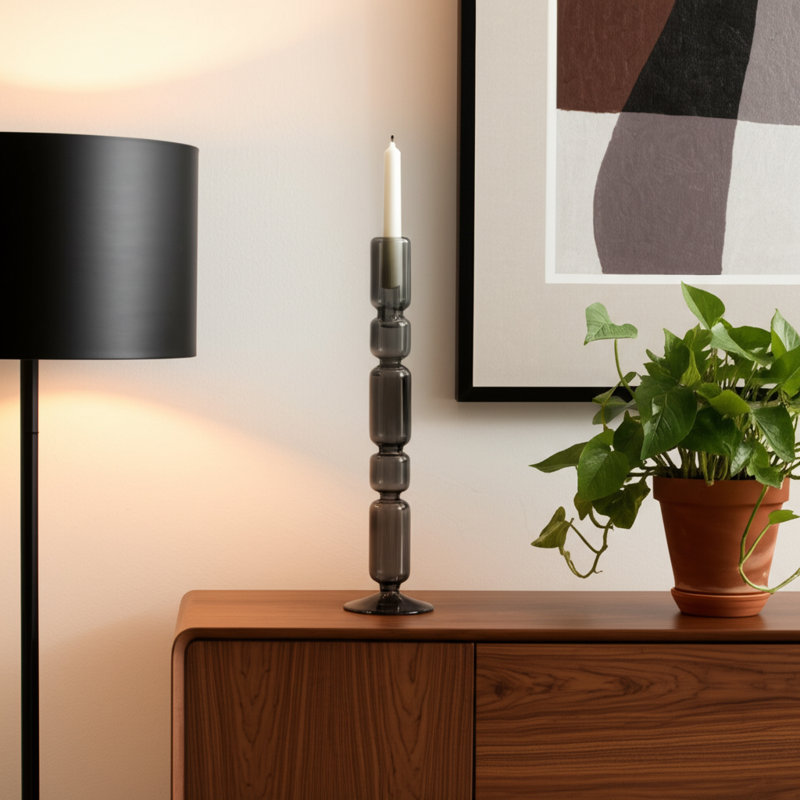 Modern Candle Holder with Stacked Sculptural Glass Base – Decorative Tabletop Taper Candle Holder for Dining Table, Shelf Decor, or Entryway Accent – Unique Home Accent for Minimalist Styling