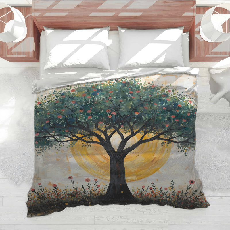 Édredon arbre avec fond de soleil, Lit simple