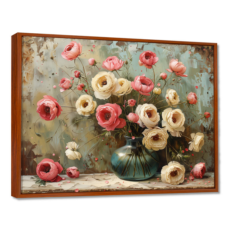 Rose et blanc, charme de ferme, Renoncule II - Renoncule, art mural, H 12 po x l 20 po, Cadre flottant brun