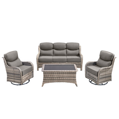 Ensemble de mobilier de patio en osier - ensemble de conversation modulaire en rotin 4 pièces avec 2 chaises berçantes pivotantes, 1 canapé et 1 table basse pour terrasse