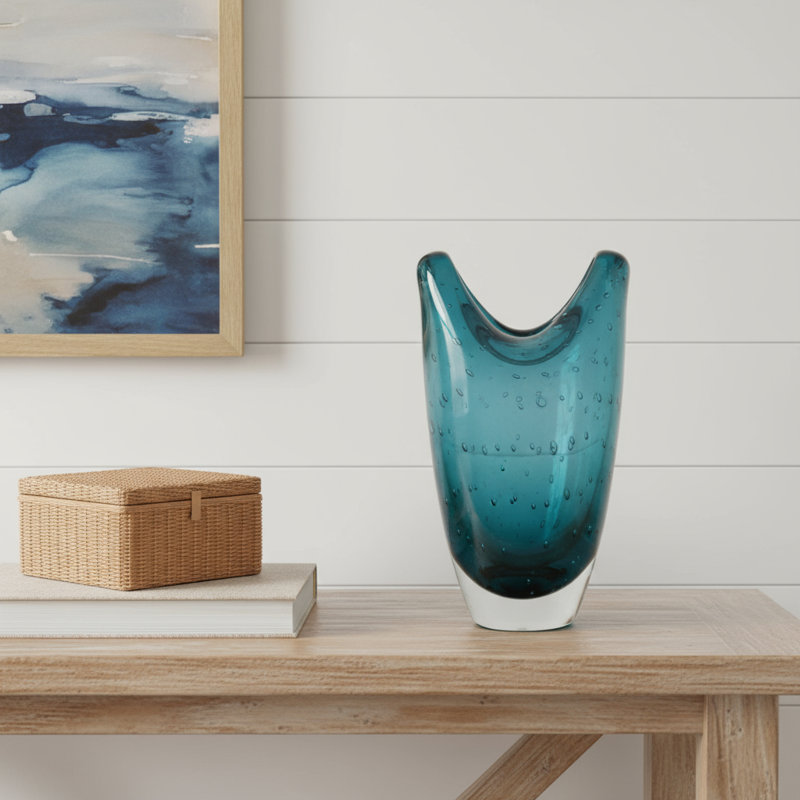 Vase de table ovale en verre 10 "céruléen et transparent