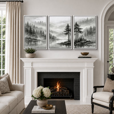 «Black White Pine Lake», art du paysage, images de salon, estampe numérique sur toile encadrée, 3 pièces