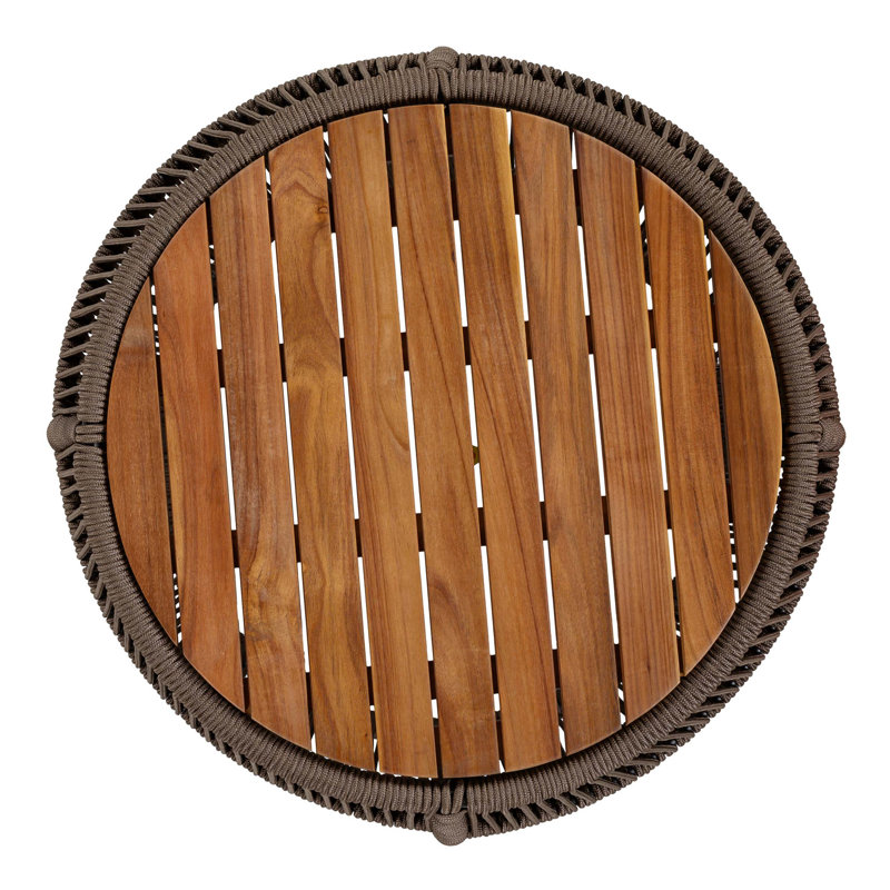 Table d'appoint ronde en bois d'acacia avec structure en corde grise, plateau en teck, capacité de 150 lb, aucun assemblage requis, table d'appoint résistante aux intempéries pour le salon de patio