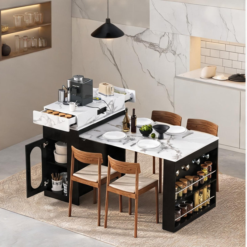 Table de salle à manger extensible avec tiroirs et prise de courant, marbre noir de jais et blanc, 2 ou 3 sièges, îlot de cuisine sur roulettes