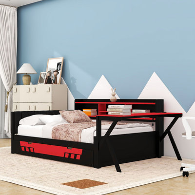 Wooden Daybed with Bookcase, Integrated Gaming Desk, LED Lights, Shelves and Charging Station