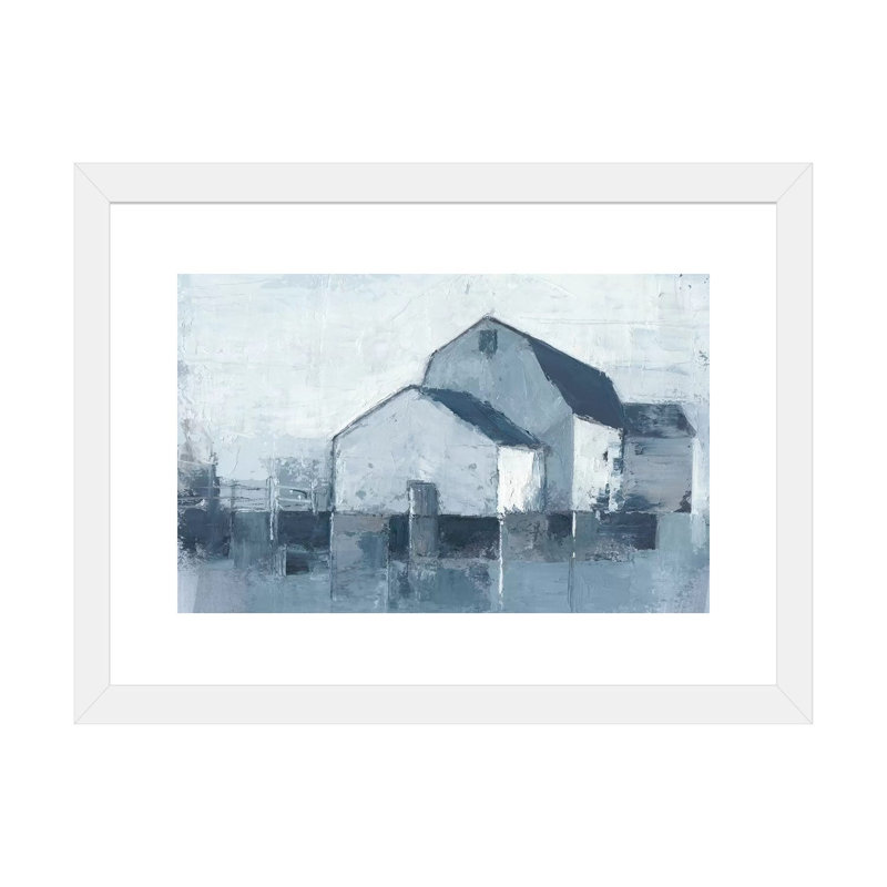"Indigo Barns II" par Ethan Harper, reproduction d’art, H 16 po x l 24 po x P 1 po, Papier encadré blanc, Blanc