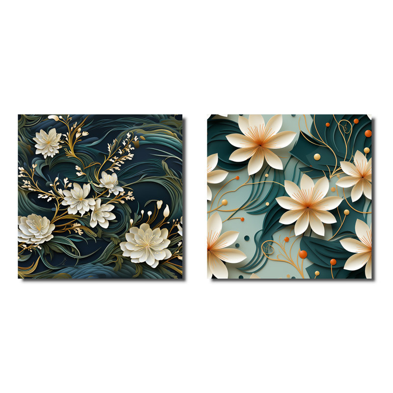 Graceful Floral Essence Of Zen - Ensemble de 2 collages floraux carrés, Toile tendue, H 36 po x l 73 po