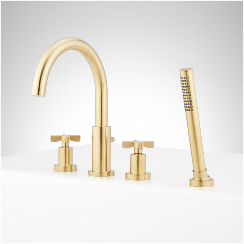 Vassor 4-Hole Roman Tub Faucet and Hand Shower with Rough-In Valve - Brushed Gold, Brushed Gold
