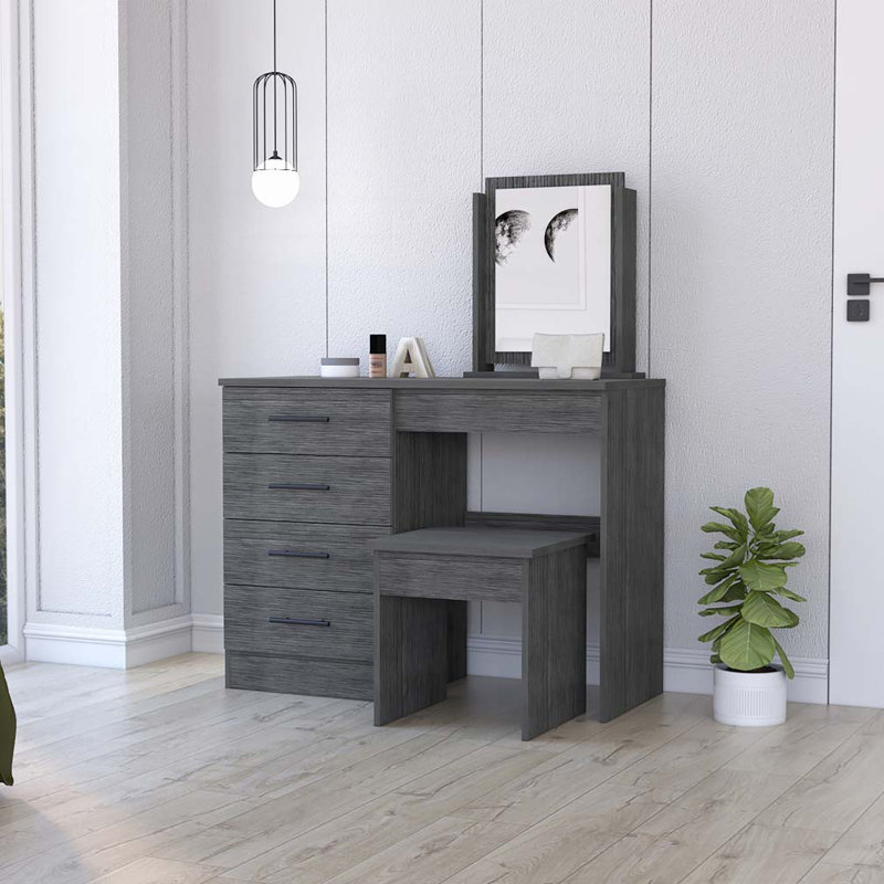 Coiffeuse Kaia, quatre tiroirs, un miroir et un tabouret - chêne Smokey, Gris