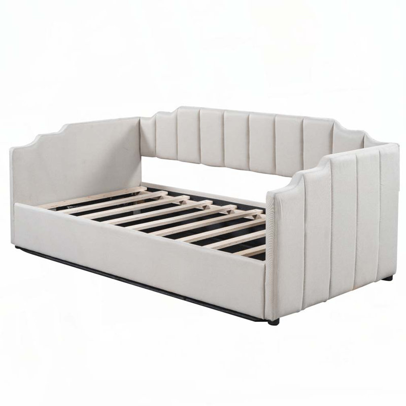 Lit de jour rembourré avec rangement inférieur, Beige, Lit simple