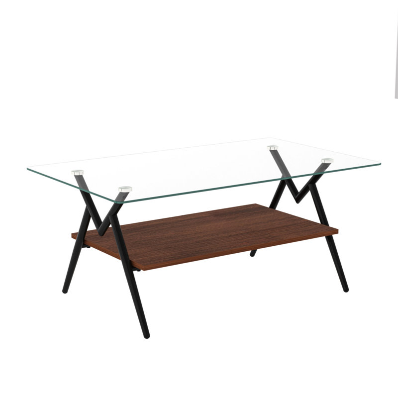 Rectangle Coffee Table With Tempered Glass Top And Black Metal Legs, Modern Table For Living Room , Transparent Glass, Clear