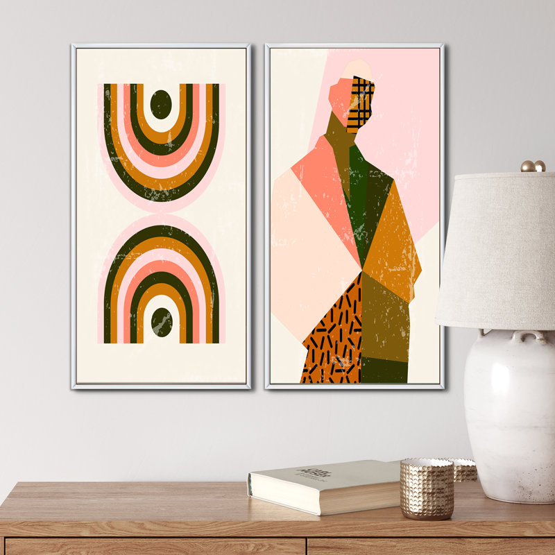 «Retro Woman Portrait Minimalistic I», ensemble de 2 impressions, H 32 po x l 32 po x P 1 po, Toile avec cadre blanc