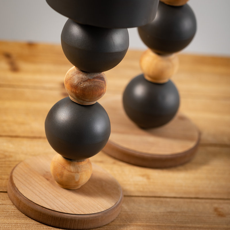 Black and Brown Wood and Metal Sphere Pillar Candle Holders, Set of 2