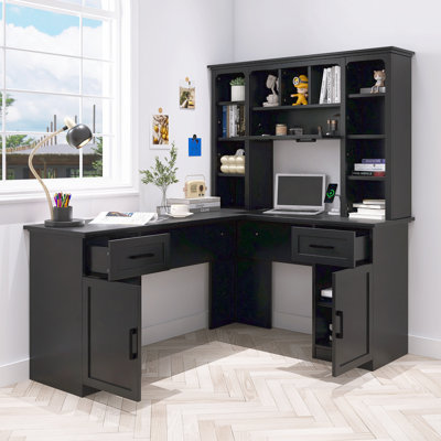 Bureau d'ordinateur en L, 2 armoires et 2 tiroirs, station de charge intégrée, bureau de travail polyvalent pour bureau, salon et bureau à domicile