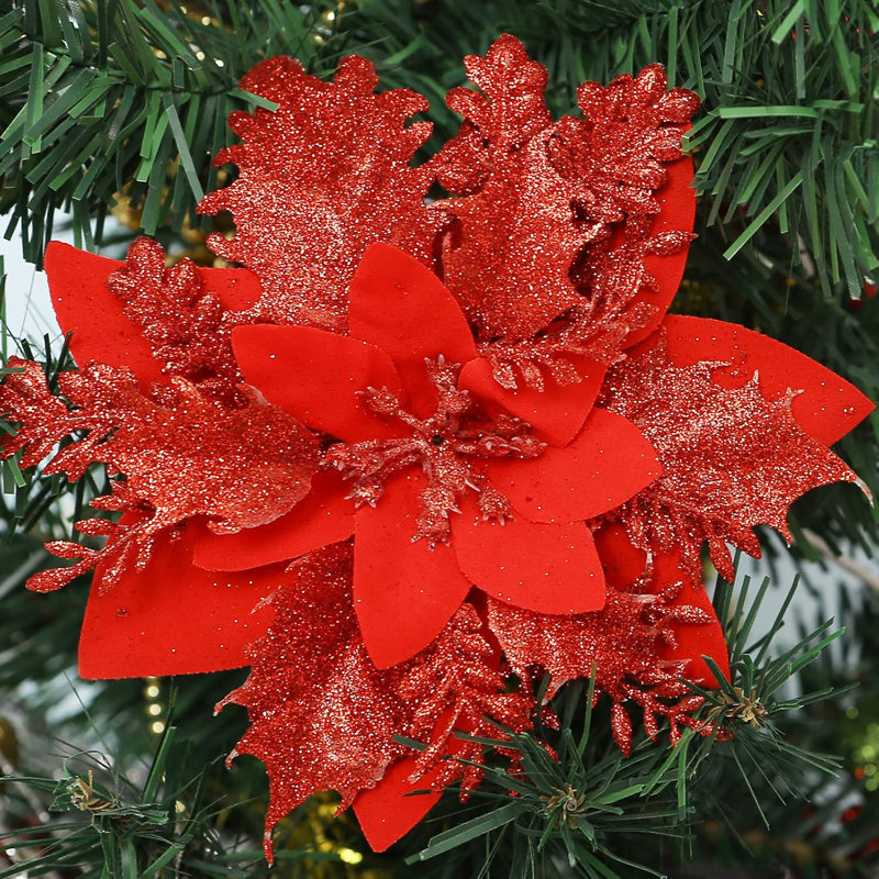 Décoration de fête 10x arbre de Noël fleurs de poinsettia scintillantes - rouge