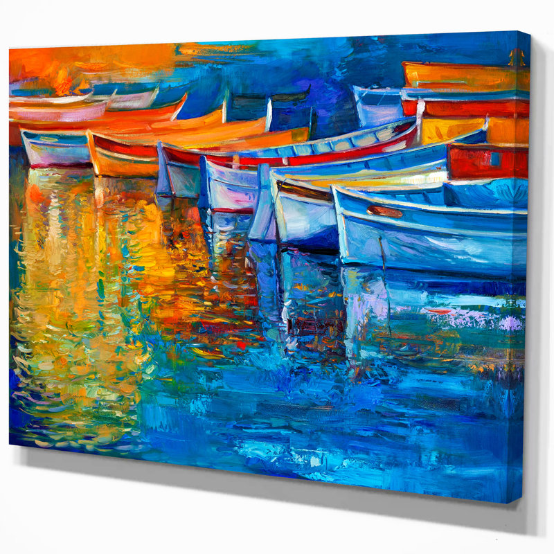 «  "bateau en bois sur eau calme"  », reproduction sur toile tendue, H 20 po x l 20 po x P 1 po