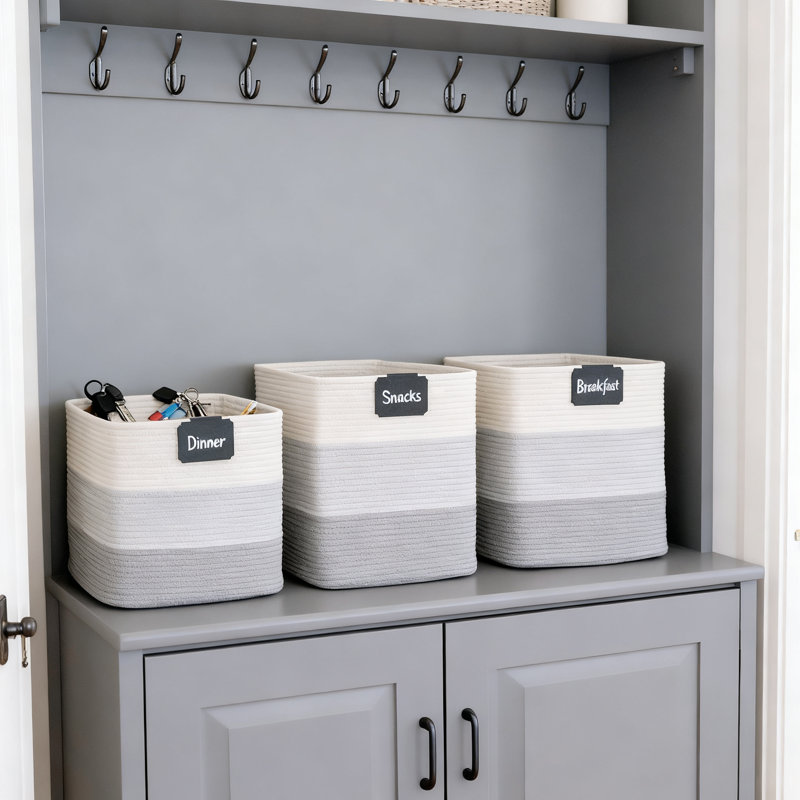 Storage Cube Bins 3-Pack, Woven Cotton Rope Organizer Baskets With Reinforced Handles For Shelves, Toy Storage And Home Organization