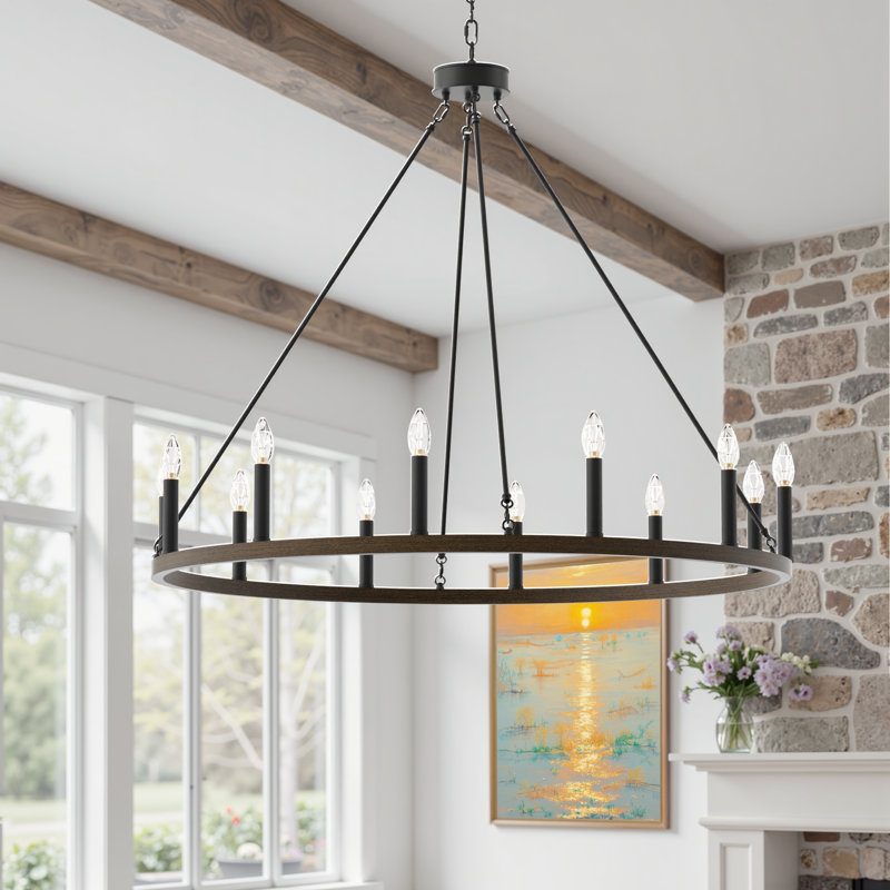 Beck 12 - Light Living Room Steel Dimmable Candle Style Wagon Wheel Chandelier UL Certified, Weathered Walnut