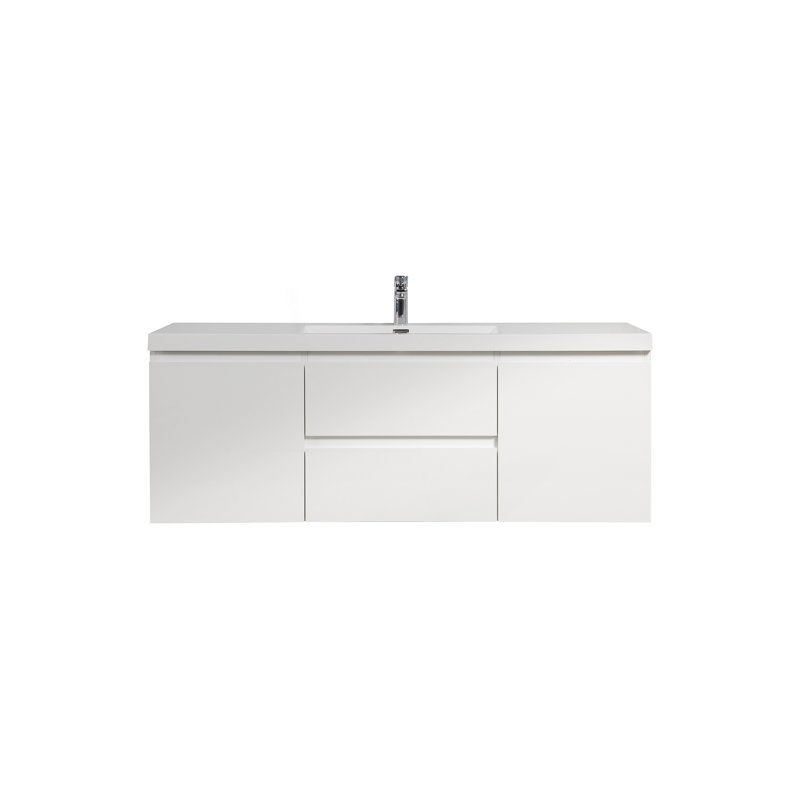 Meuble-lavabo flottant avec lavabo, Blanc, 59"