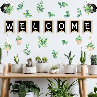 Ensemble de babillard en eucalyptus - décor de salle de classe Boho Greenery avec bannière de bienvenue pour la rentrée scolaire