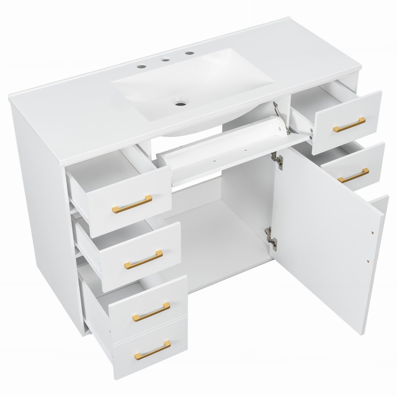 Meuble-lavabo à 7 tiroirs avec portes à fermeture douce et poignées dorées, Blanc