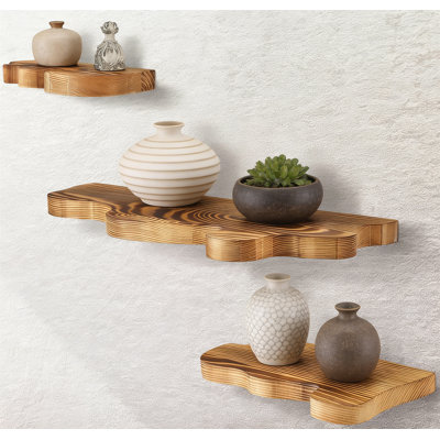 Ensemble de 3 petites tablettes flottantes à bord ondulé rustique 3 tailles avec tablette en métal et support mural en métal