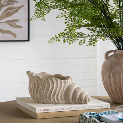 11.5X7x7" Sand And Cement Nautilus Shell Planter With Textured Beige Finish