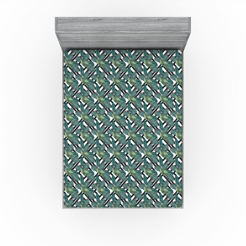 Ambesonne Nature Fitted Sheet Leaves Botanical Style Art, Queen Fitted Sheet, Gray/Teal/Black/White Floral