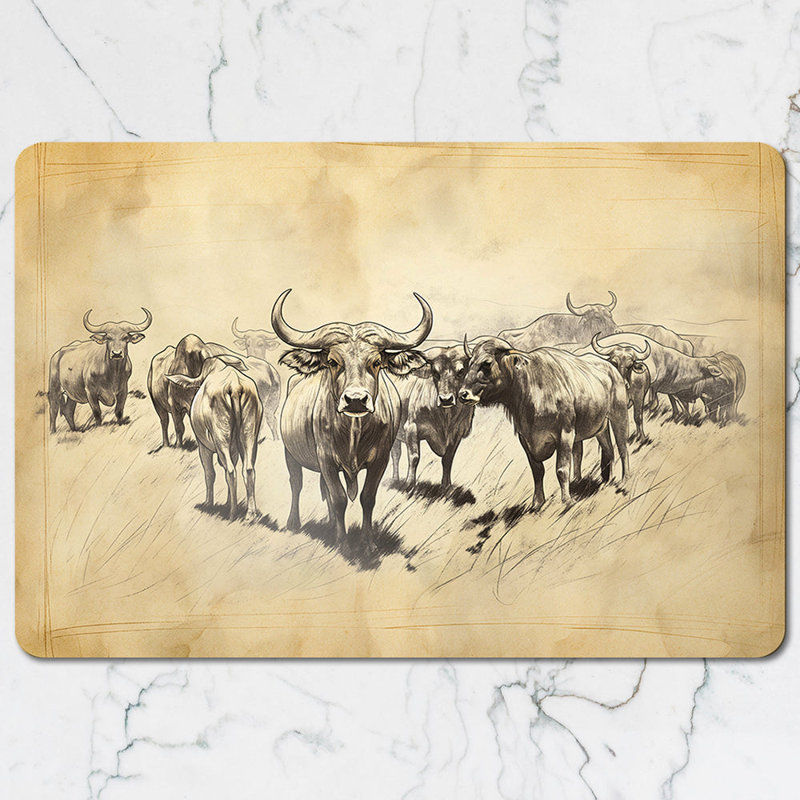 Antique Sketch Cattle Herd Placemat And Coaster Set