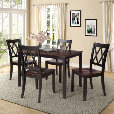 5PCS Wooden Dining Set, Home Kitchen Table With 4 Decorationg High Back Chairs