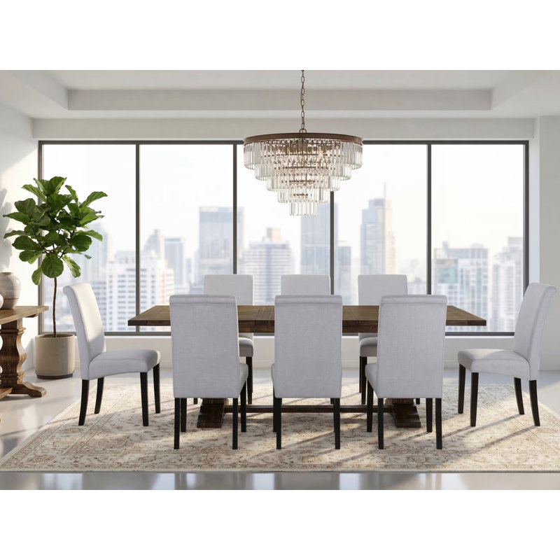 9 Piece Dining Set Includes a Rectangle Dining Room Table with Removable Leaf and 8 Grey Linen Fabric Upholstered Chairs, Jacobean